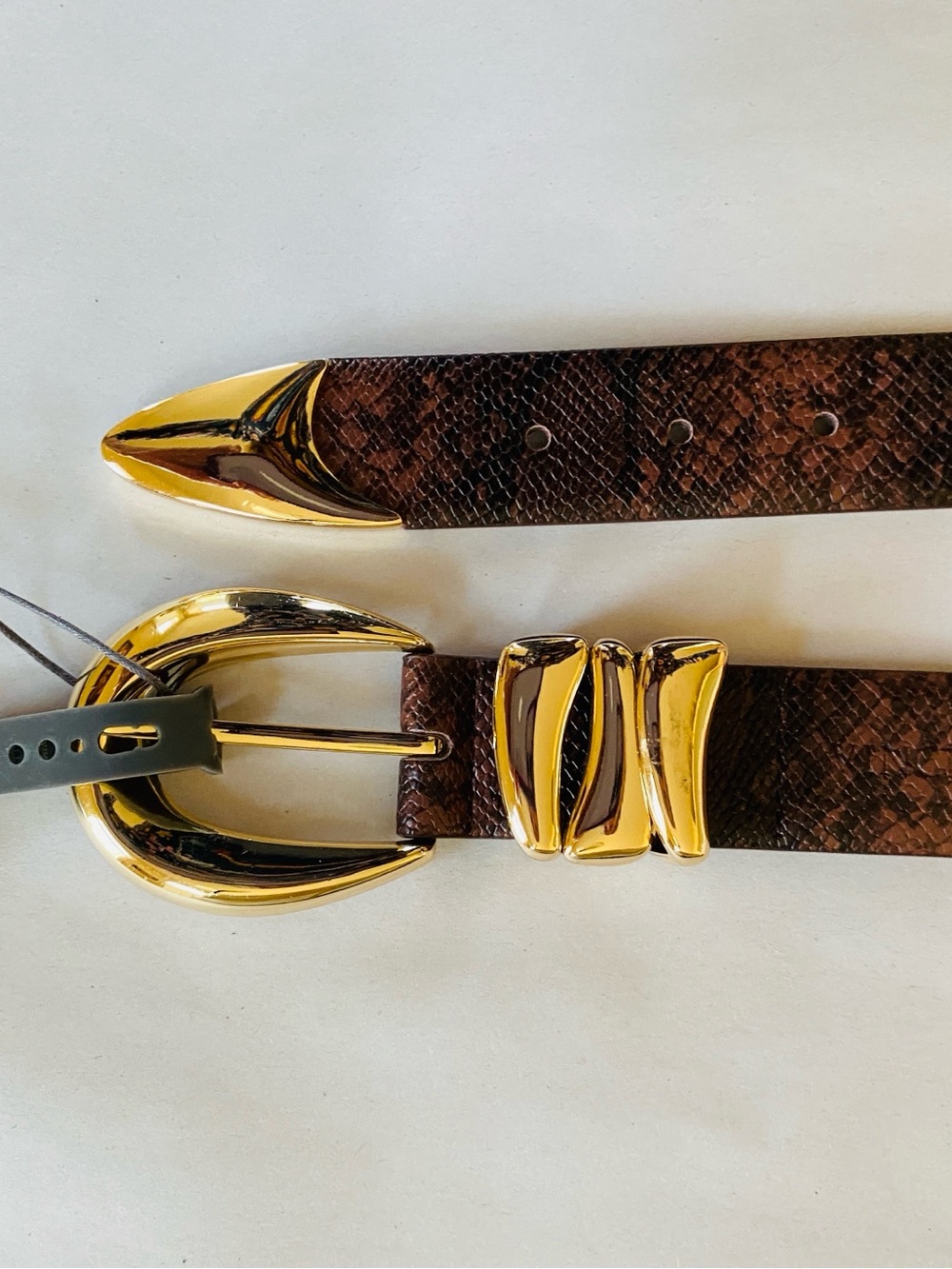 NWT $42 Vince Camuto Brown Snake-Print Belt with Gold Hardware Accents